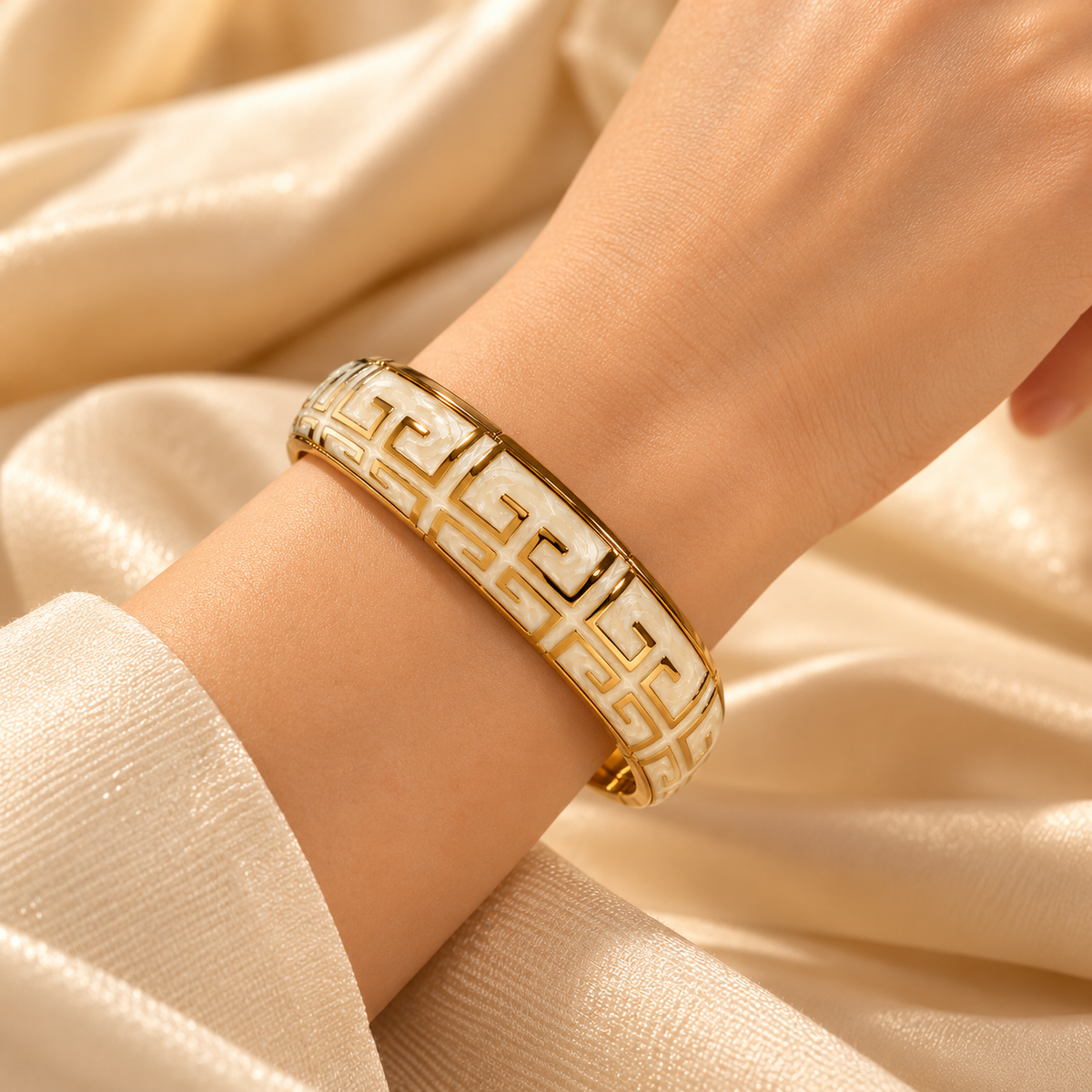 Ivory Greek Key Heritage Gold Cuff Bangle