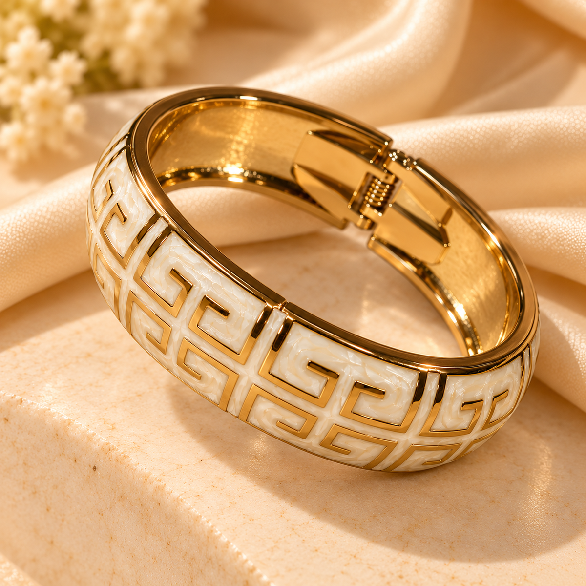 Ivory Greek Key Heritage Gold Cuff Bangle