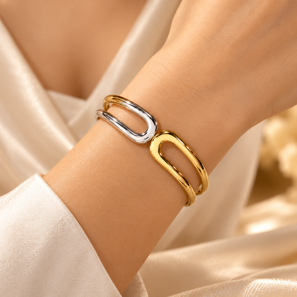 Dual Harmony Gold & Silver Open Cuff Bangle
Short Description: Embr