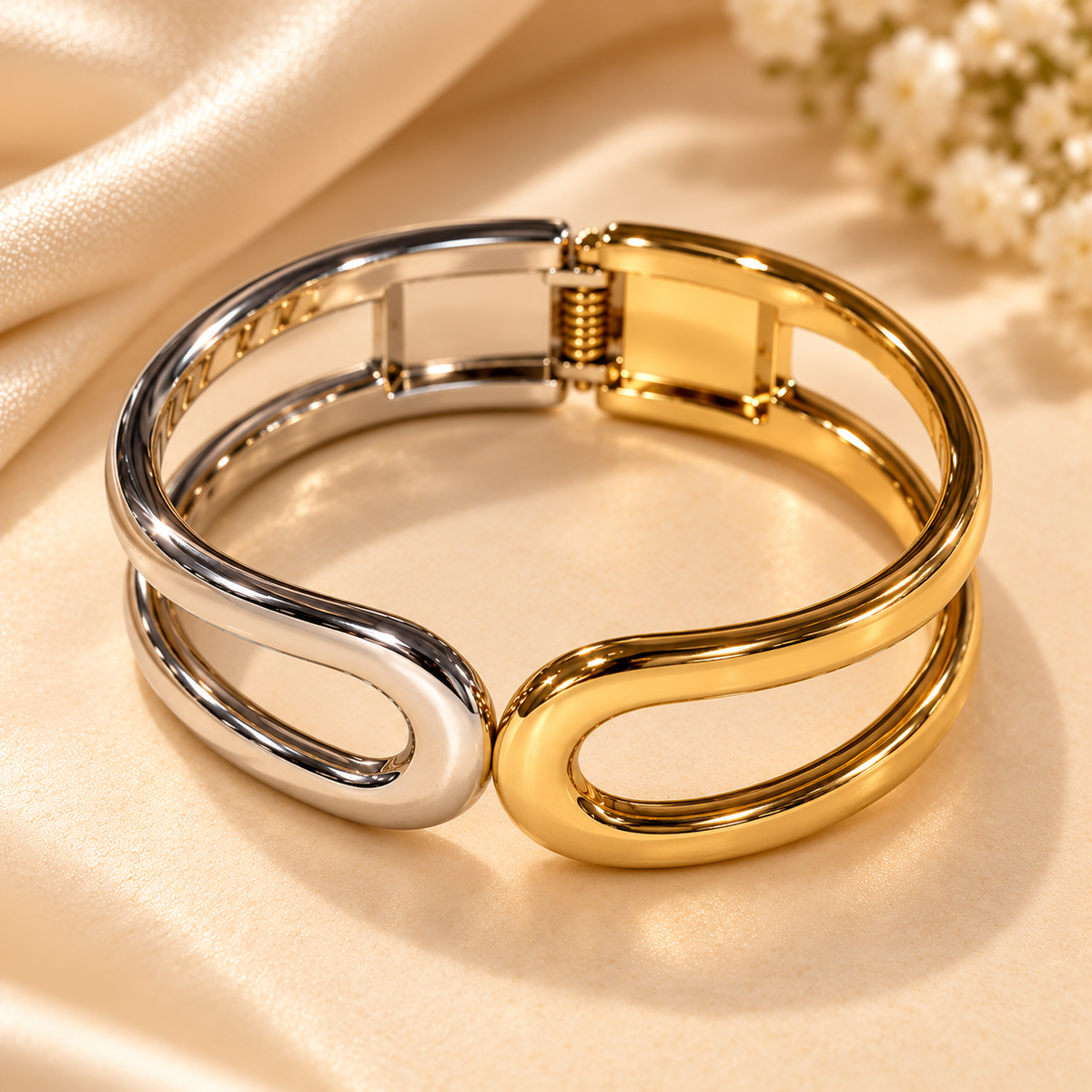 Dual Harmony Gold & Silver Open Cuff Bangle
Short Description: Embr