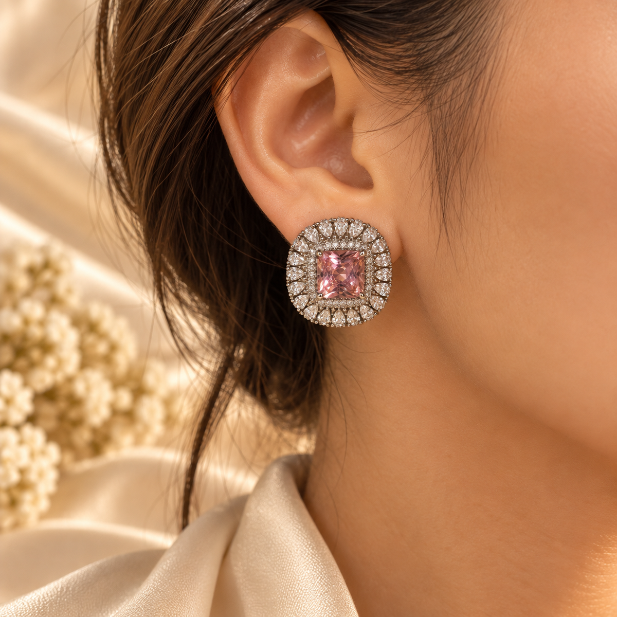 Blush Cushion Crystal Studs