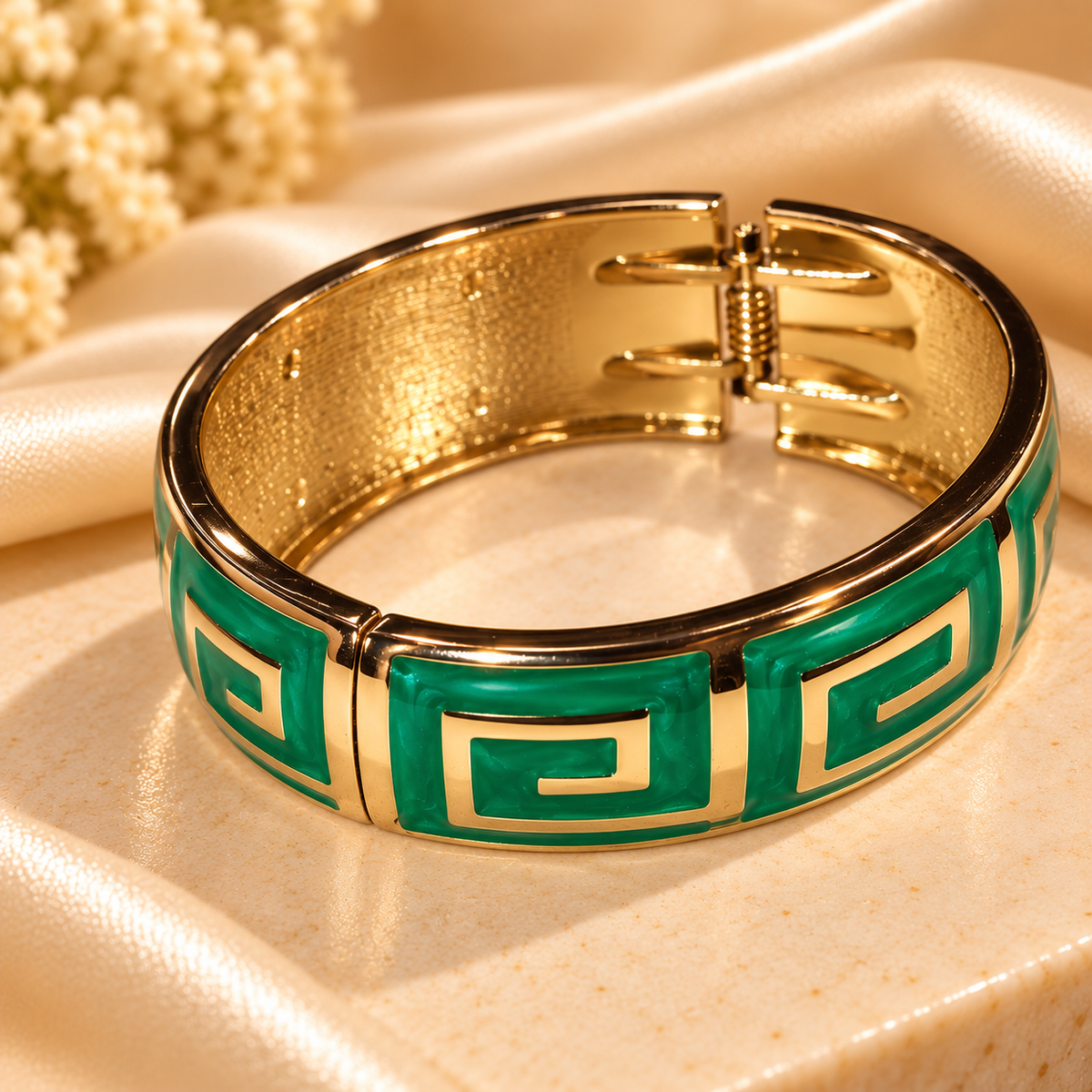 Emerald Luxe Greek Key Gold Cuff Bangle
