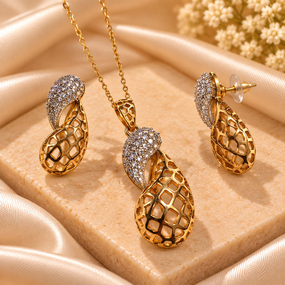 Golden Lattice Teardrop Pendant & Earring Set