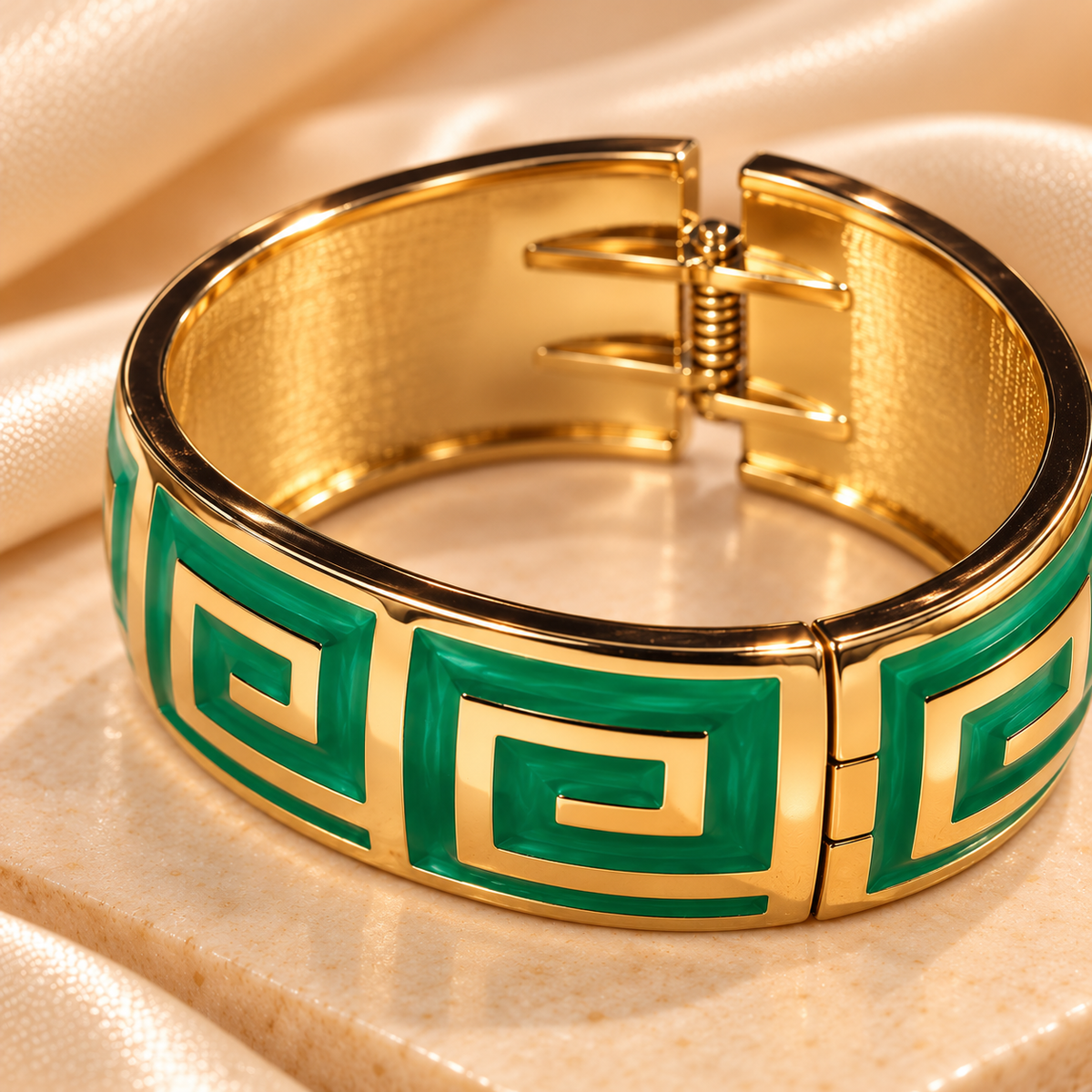 Emerald Luxe Greek Key Gold Cuff Bangle