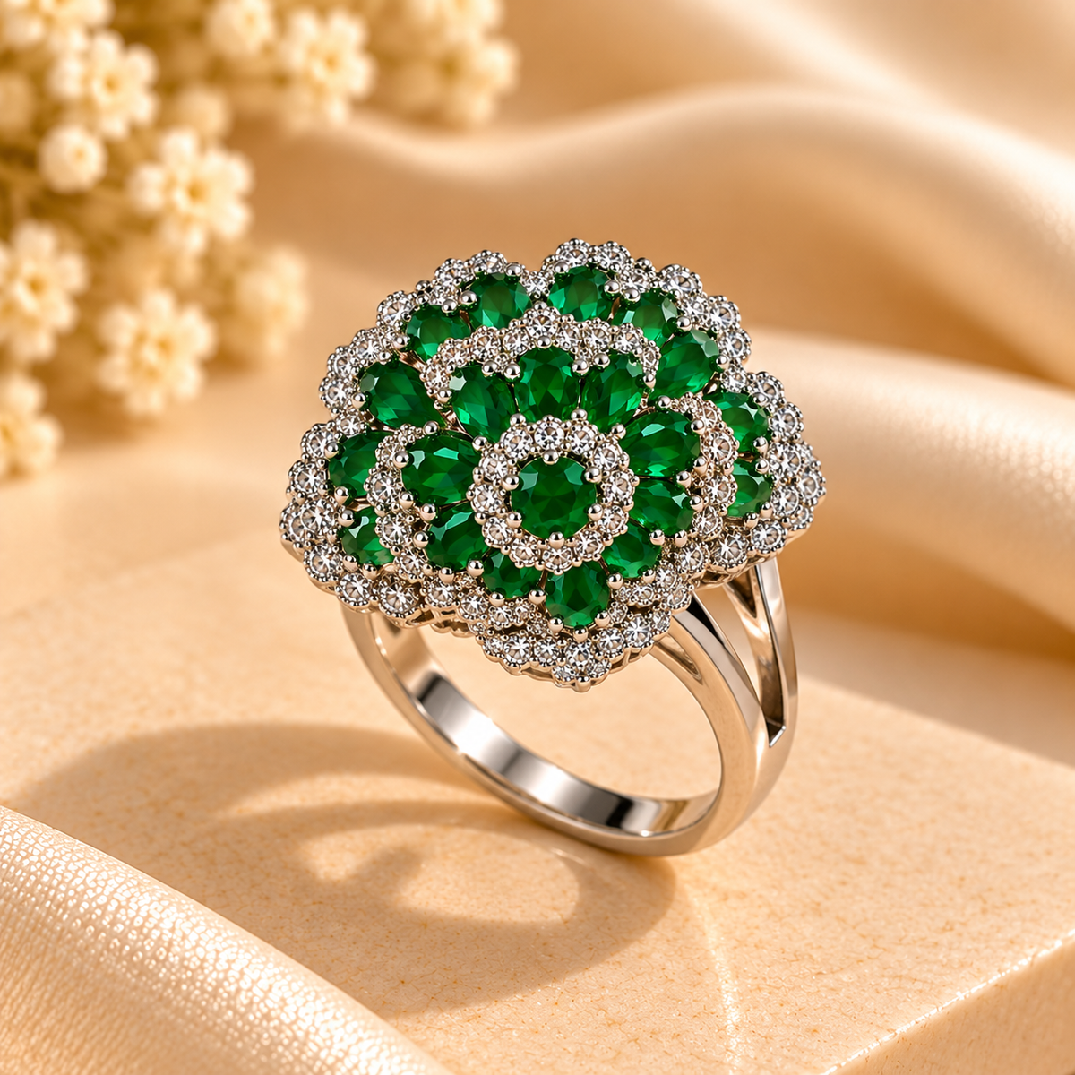 Emerald Bloom Crystal Floral Statement Ring