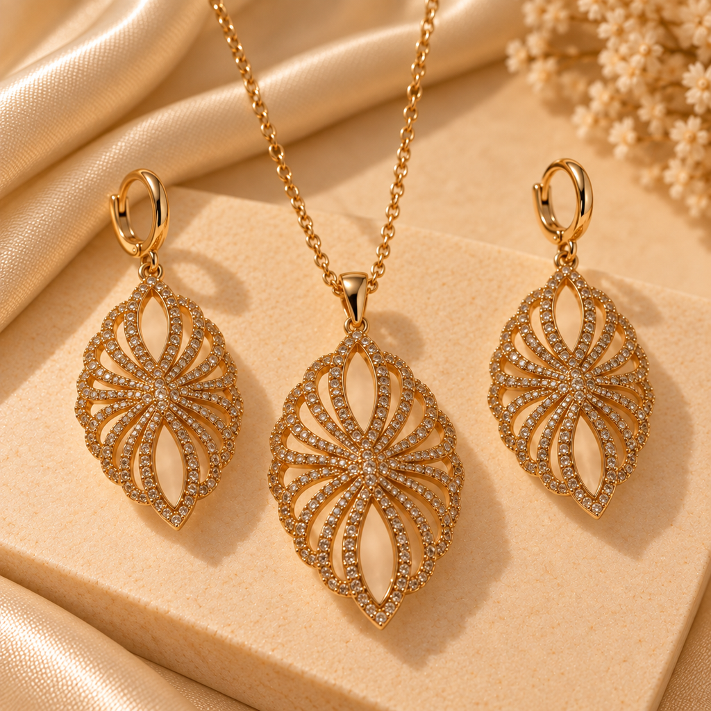 Golden Radiant Petal Pendant & Earring Set