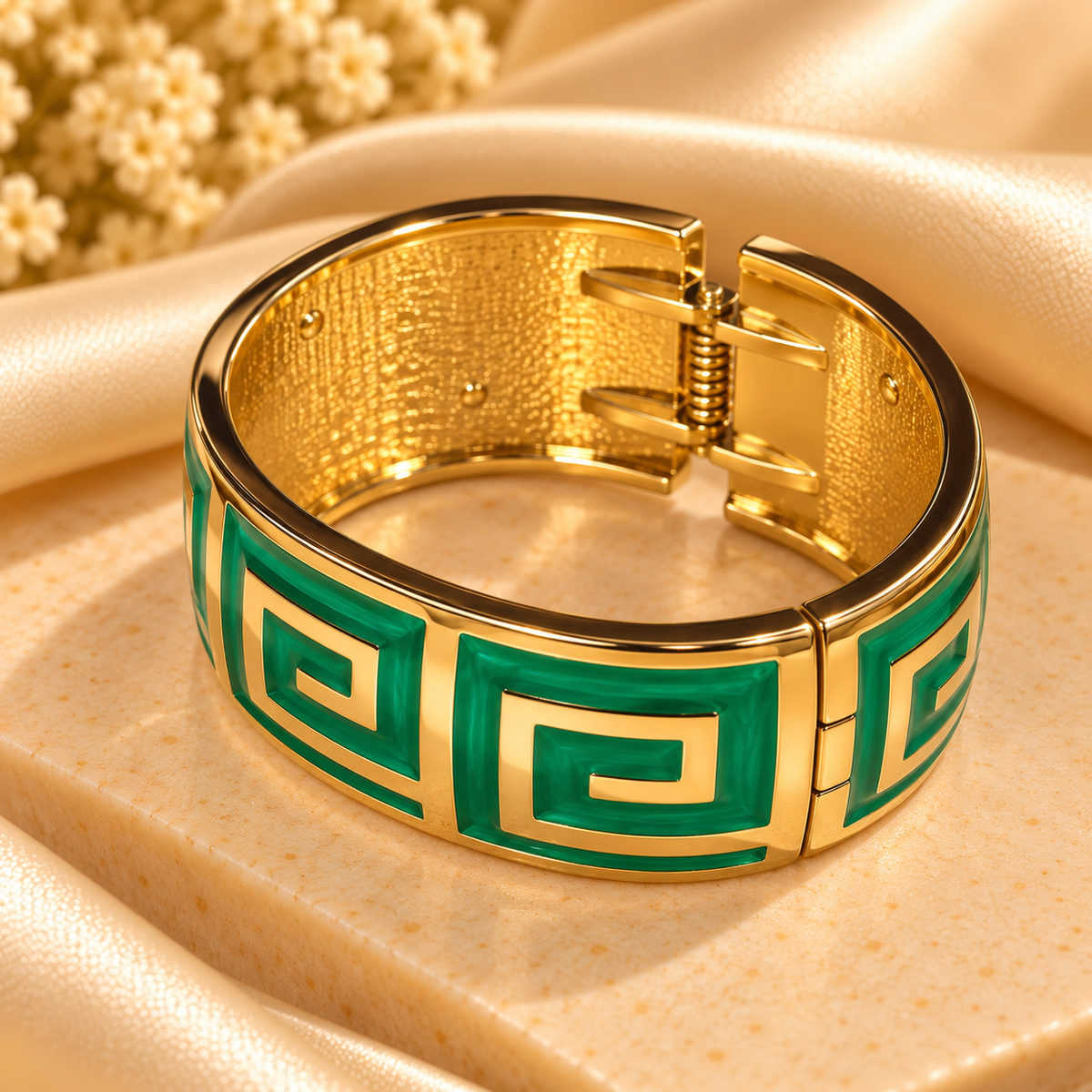 Emerald Luxe Greek Key Gold Cuff Bangle