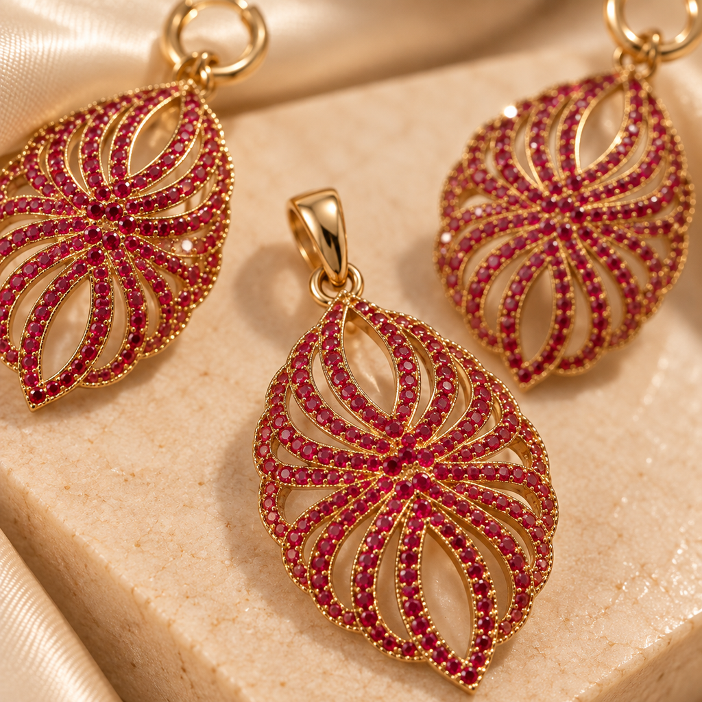 Ruby Filigree Teardrop Pendant & Earring Set