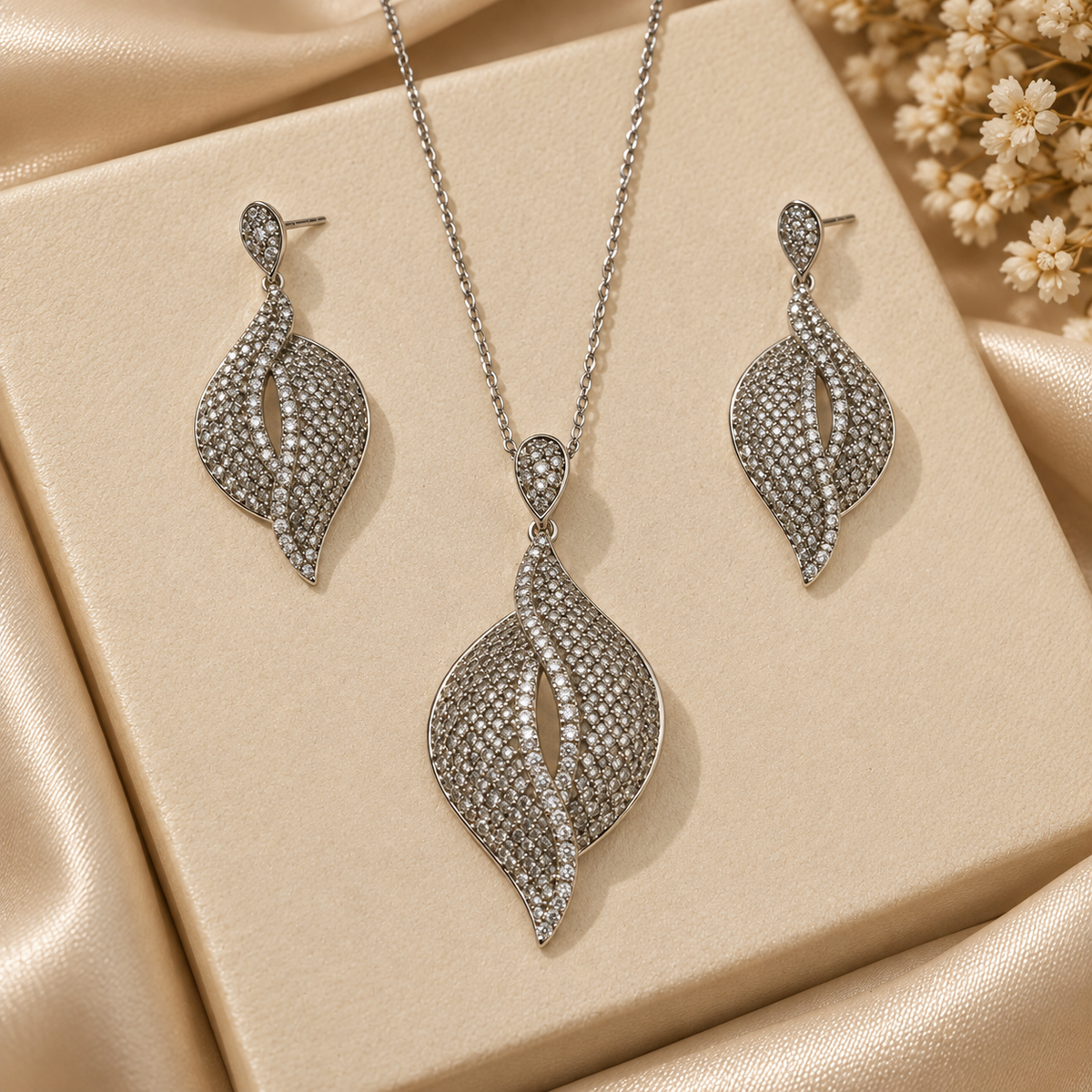 Silver Leaf Twist Pendant & Earring Set