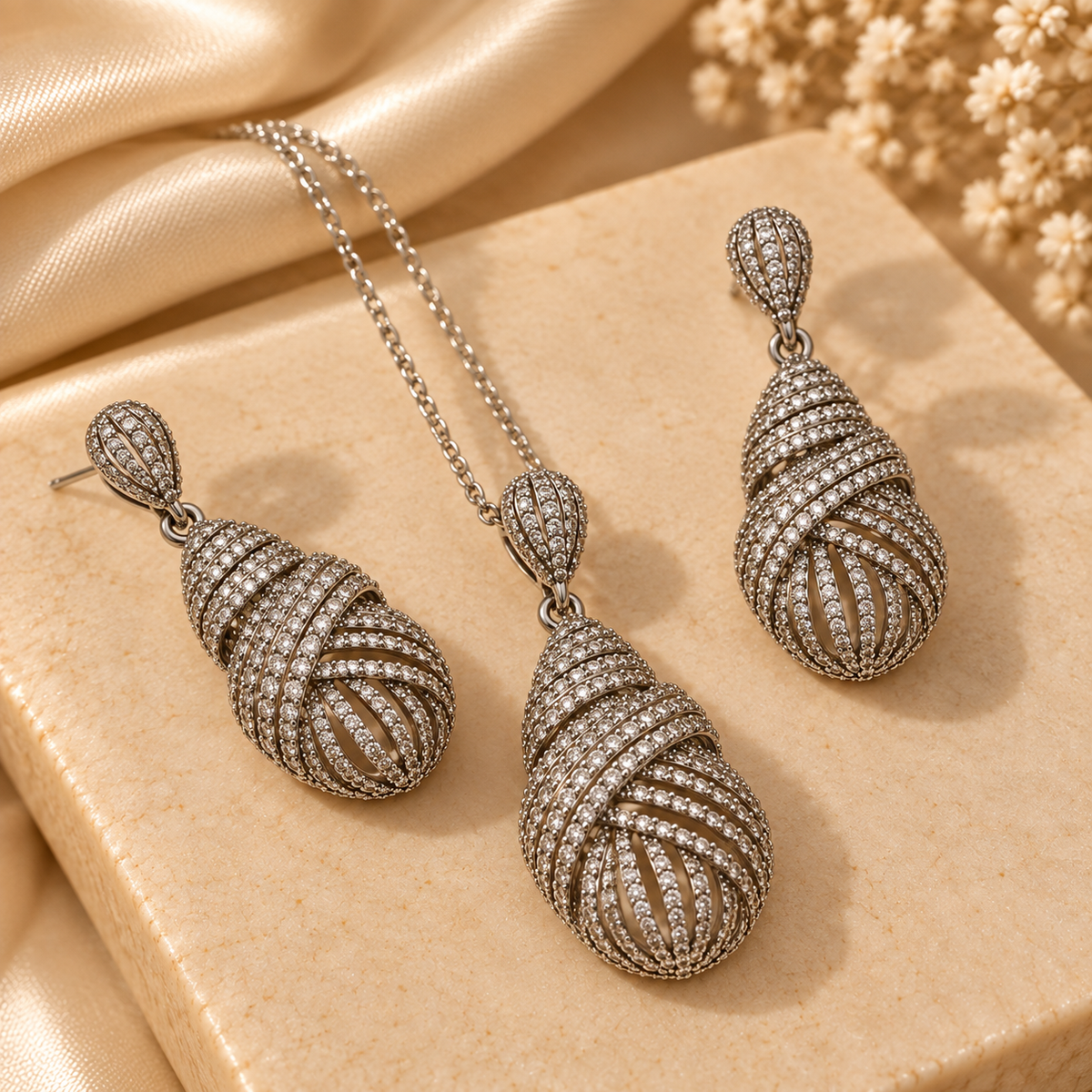 Silver Cascade Teardrop Pendant & Earring Set
