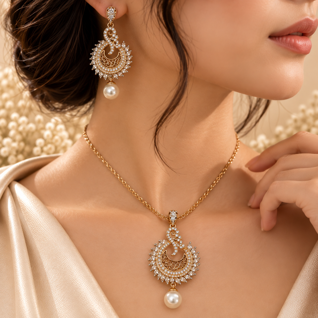 Pearl Crescent Crystal Pendant & Earring Set