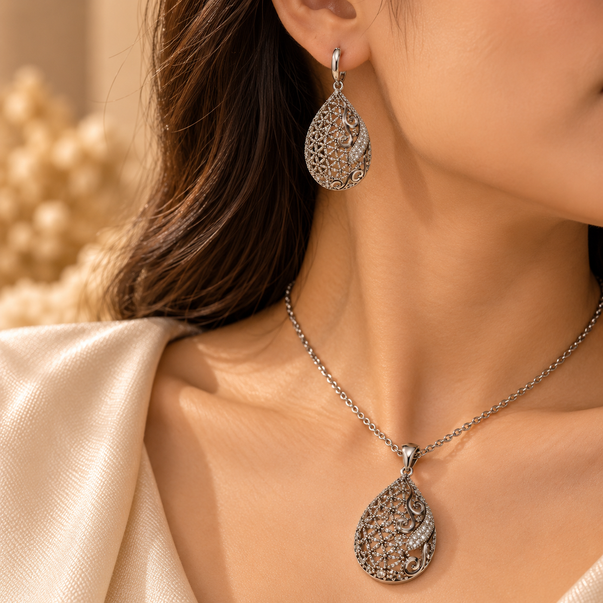 Silver Filigree Teardrop Pendant & Earring Set