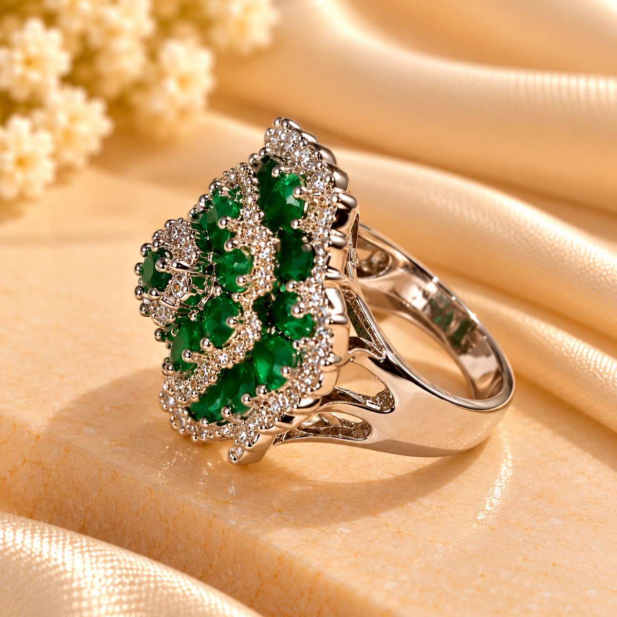 Emerald Bloom Crystal Floral Statement Ring
