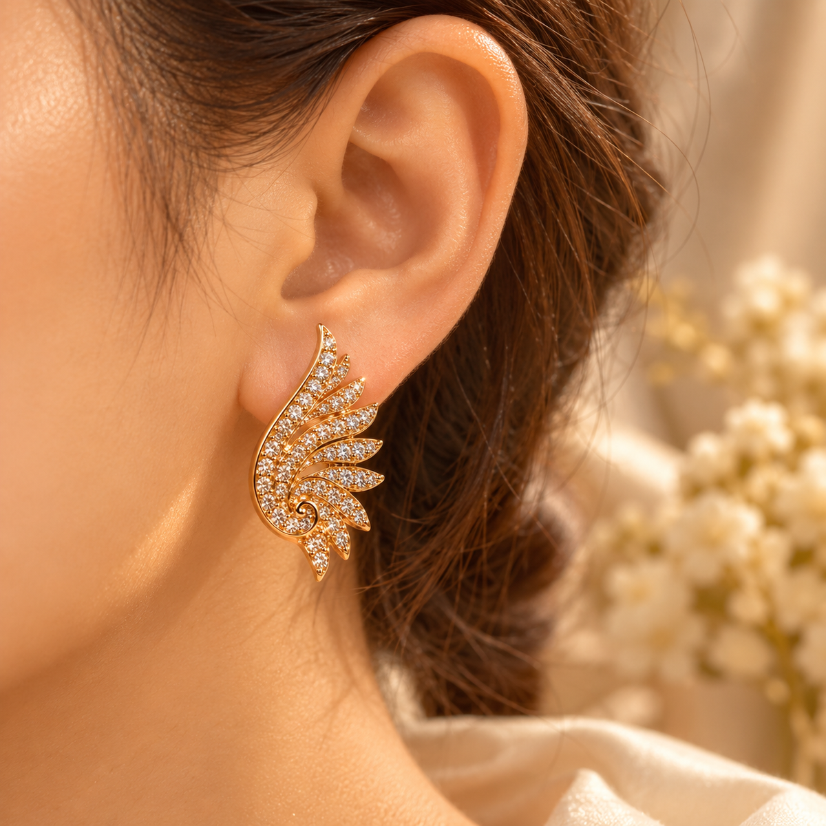 Golden Feather Crystal Stud Earrings