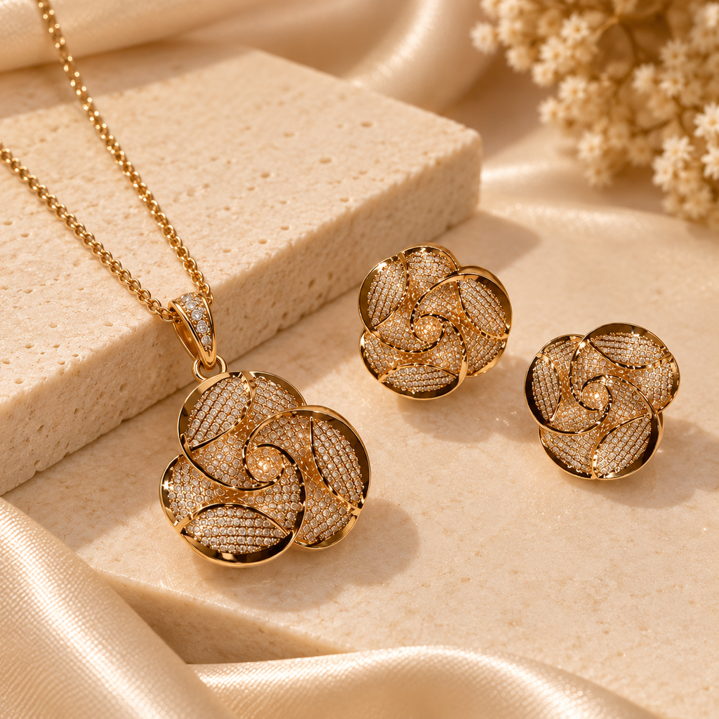 Golden Petal Swirl Pendant & Earring Set