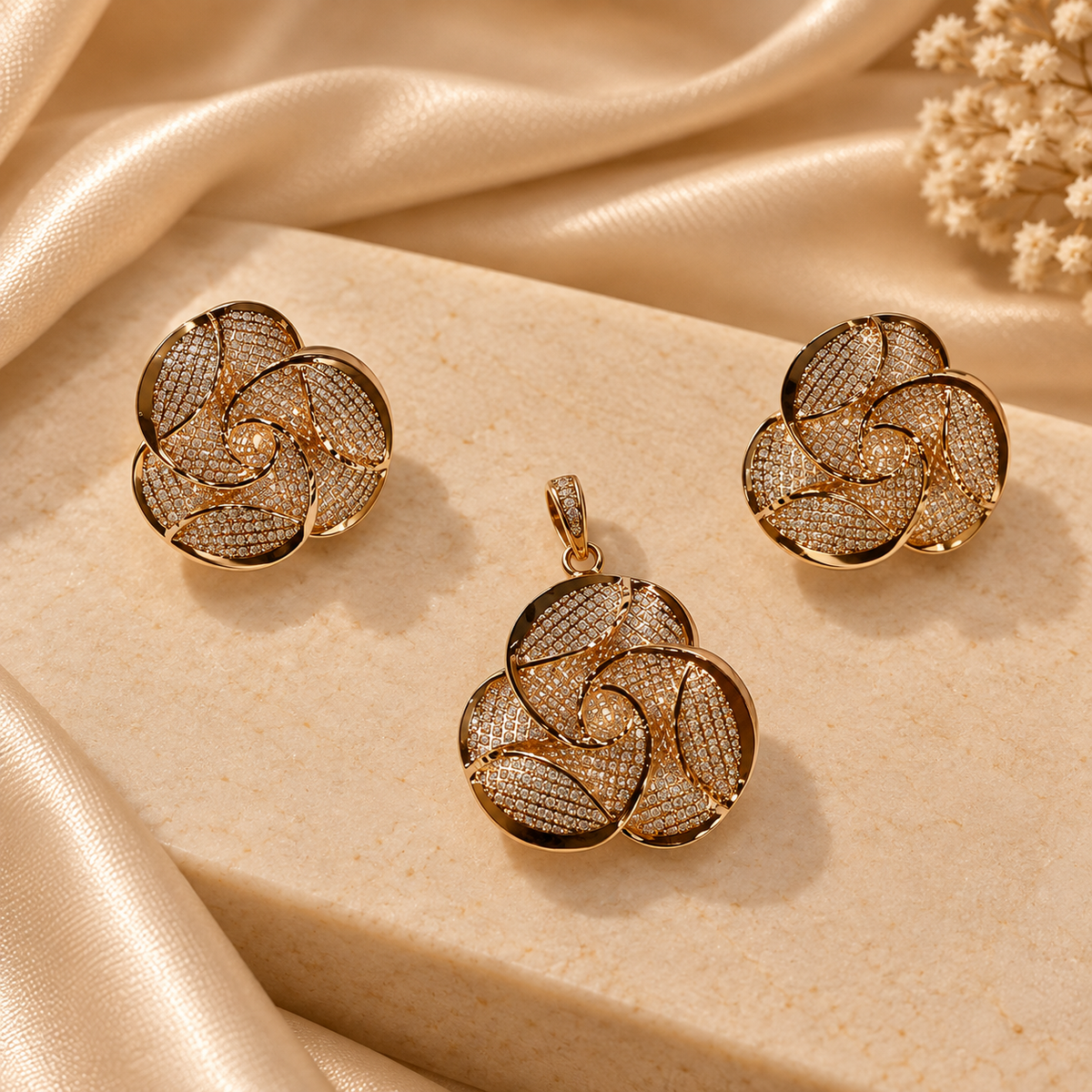 Golden Petal Swirl Pendant & Earring Set