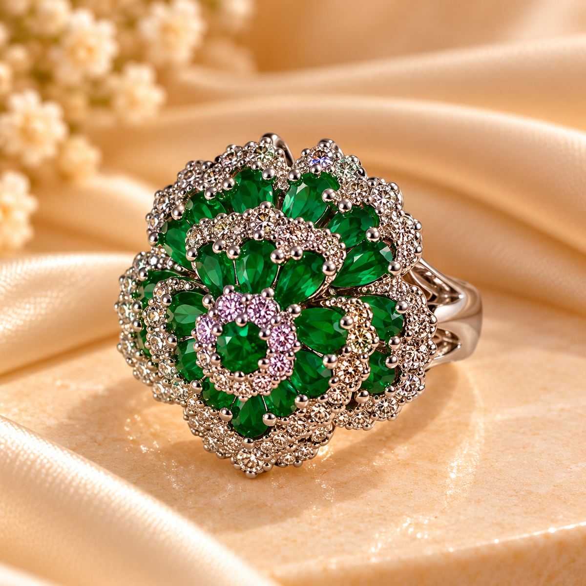 Emerald Bloom Crystal Floral Statement Ring