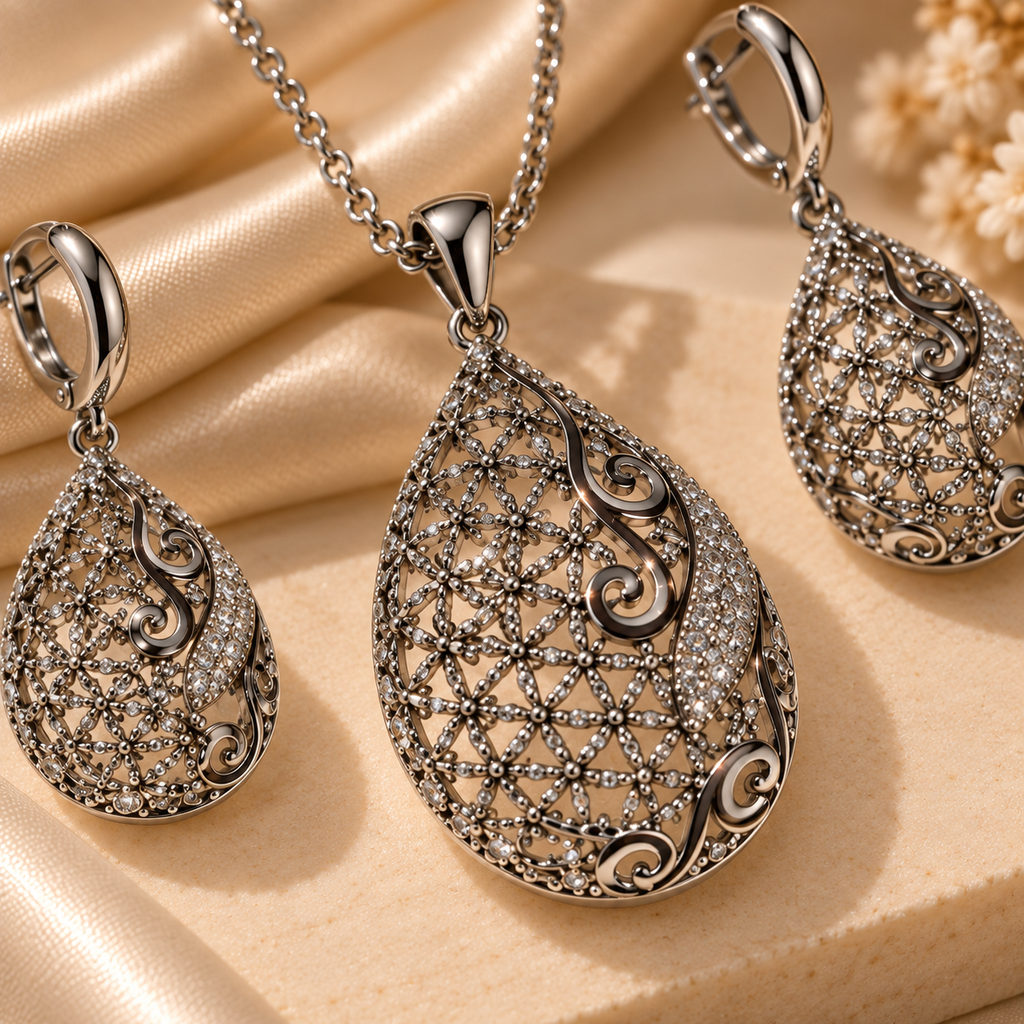 Silver Filigree Teardrop Pendant & Earring Set