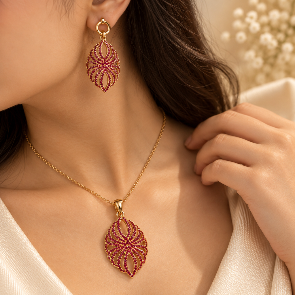 Ruby Filigree Teardrop Pendant & Earring Set