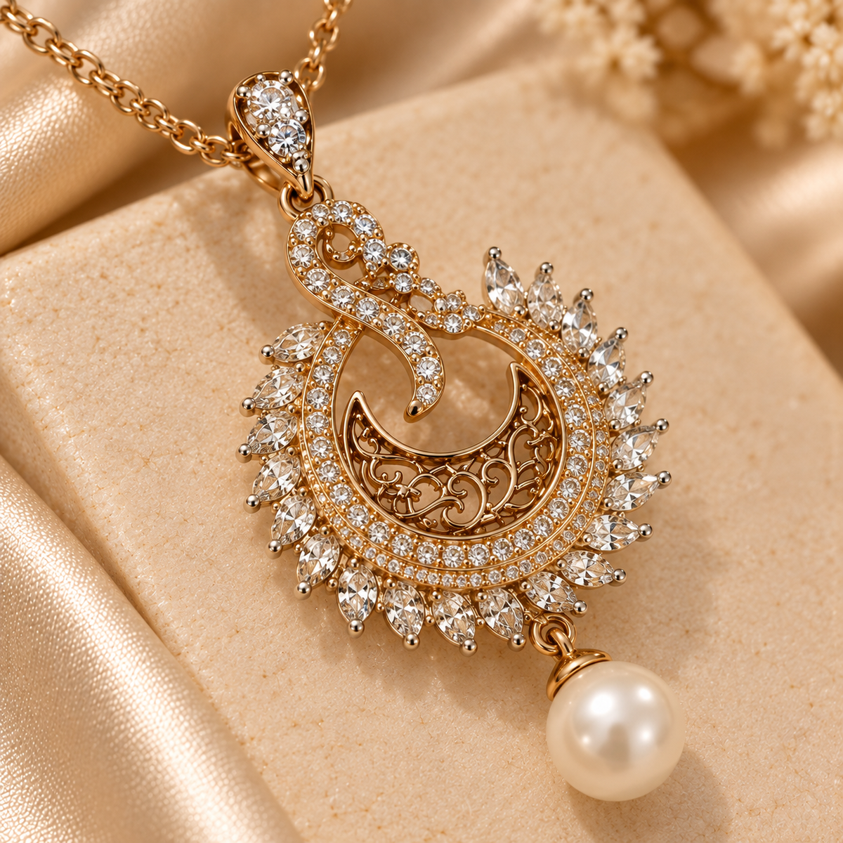 Pearl Crescent Crystal Pendant & Earring Set