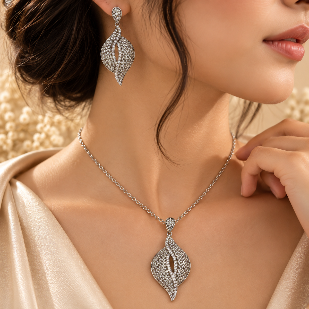 Silver Leaf Twist Pendant & Earring Set