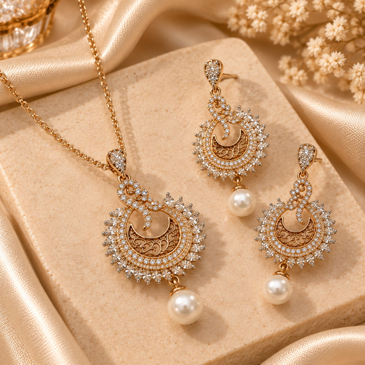 Pearl Crescent Crystal Pendant & Earring Set