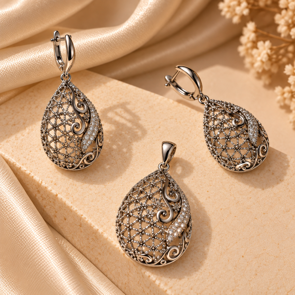 Silver Filigree Teardrop Pendant & Earring Set