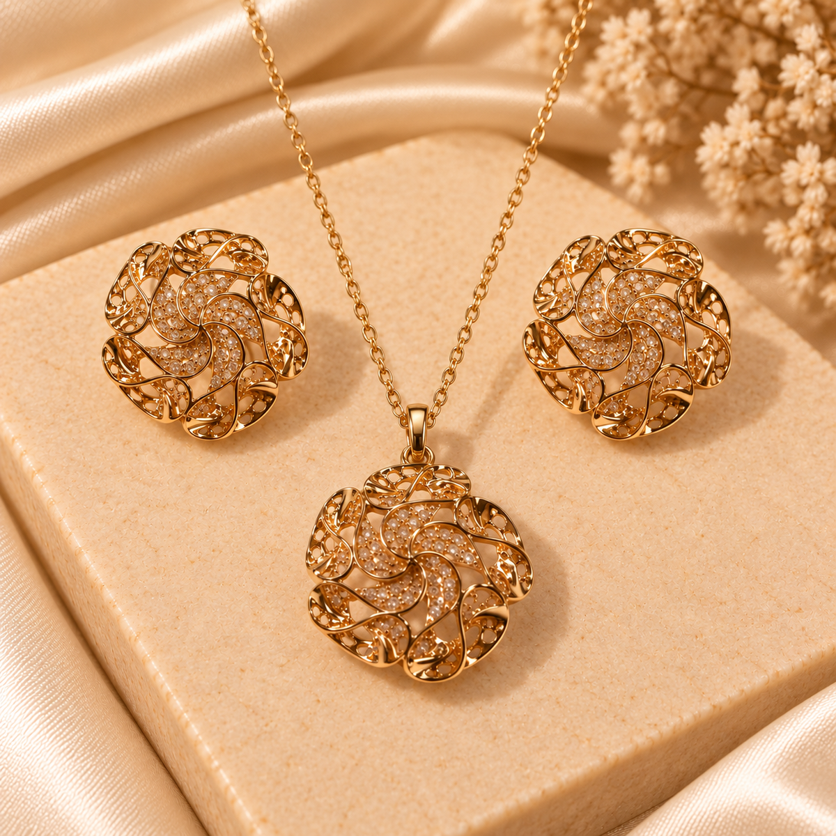 Golden Floral Swirl Pendant & Earring Set