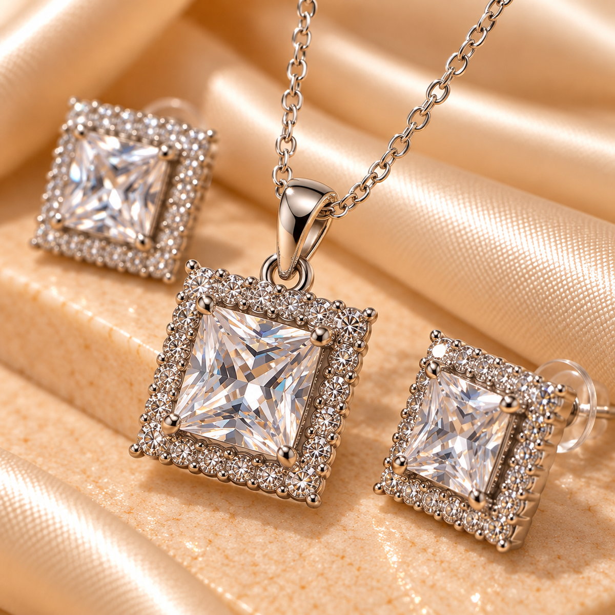 Crystal Square Halo Pendant & Earring Set