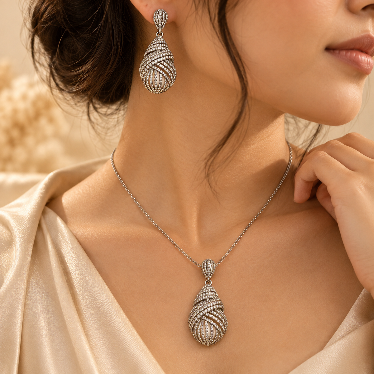 Silver Cascade Teardrop Pendant & Earring Set