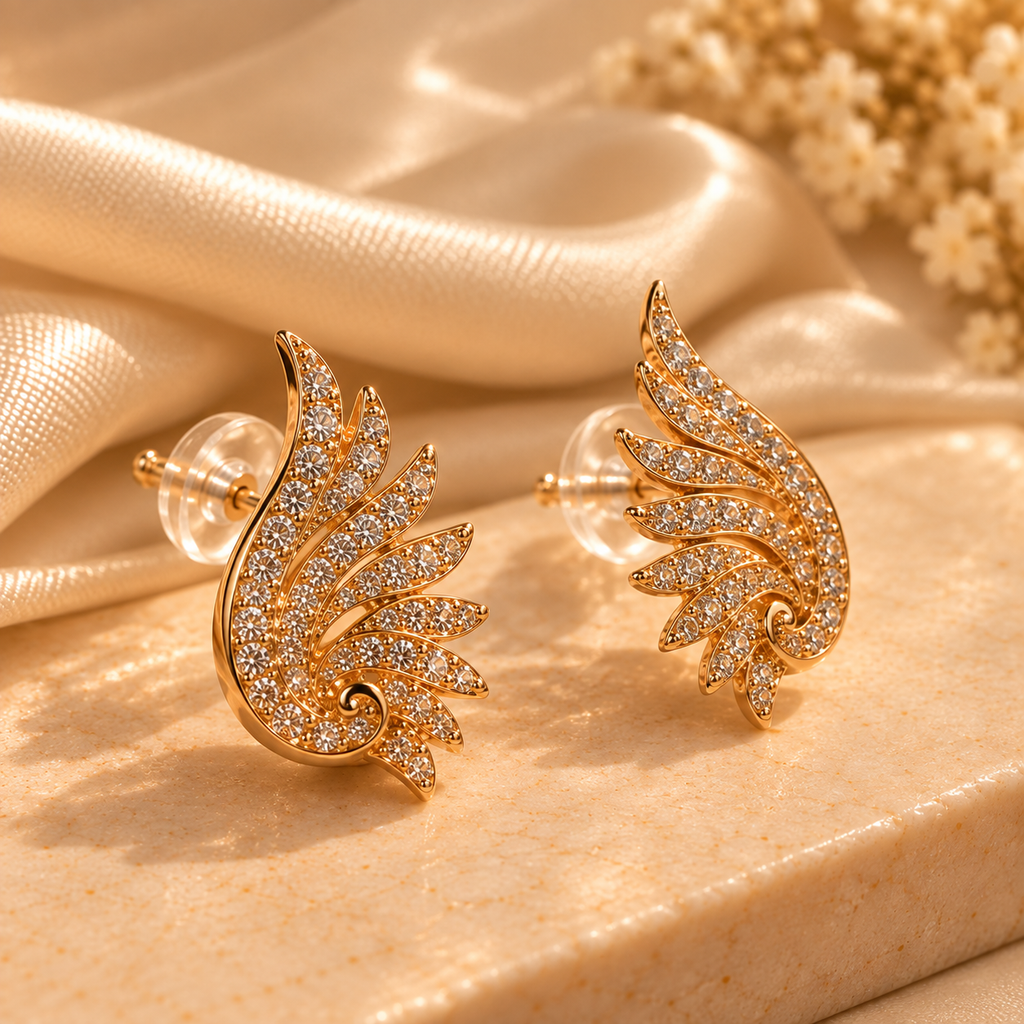 Golden Feather Crystal Stud Earrings