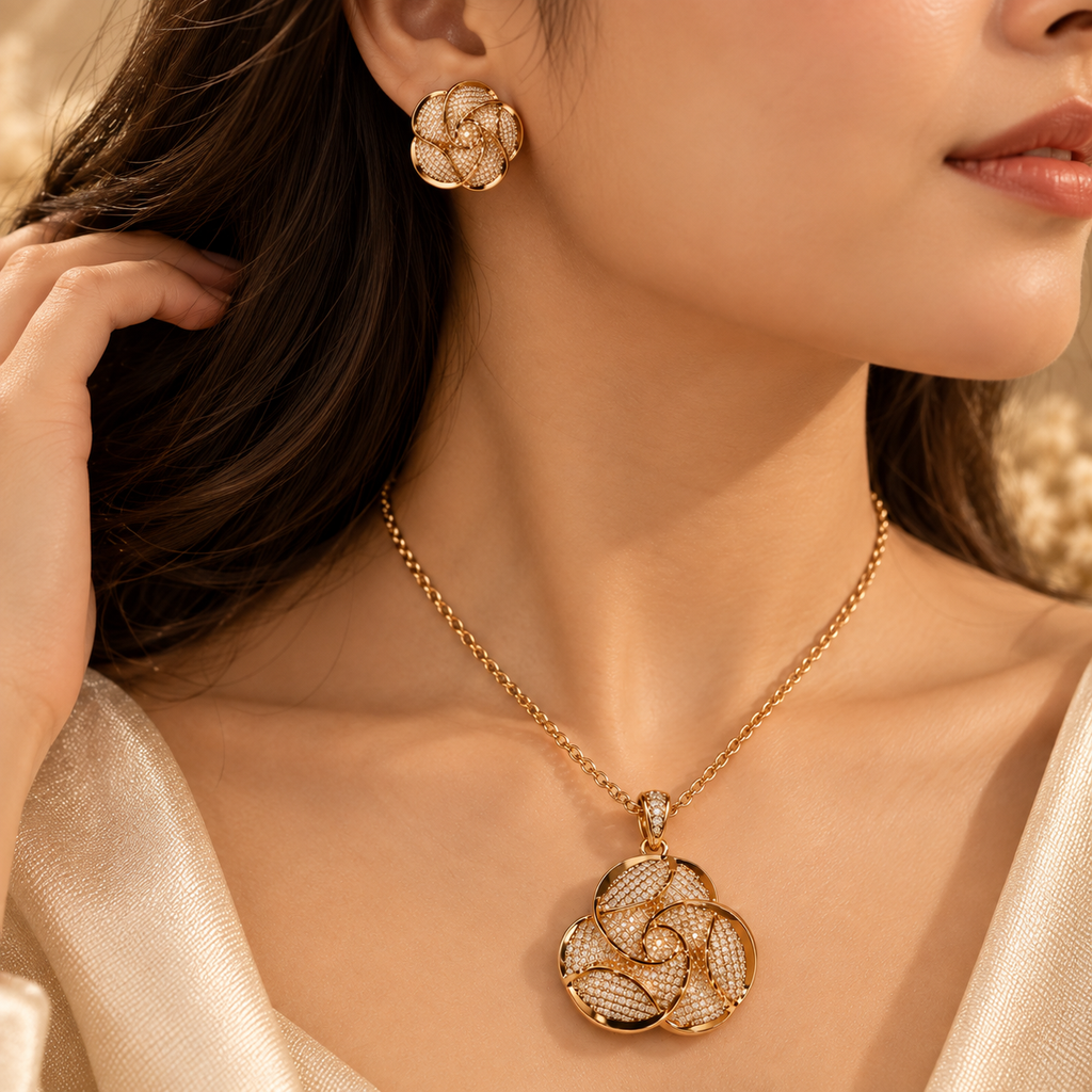 Golden Petal Swirl Pendant & Earring Set