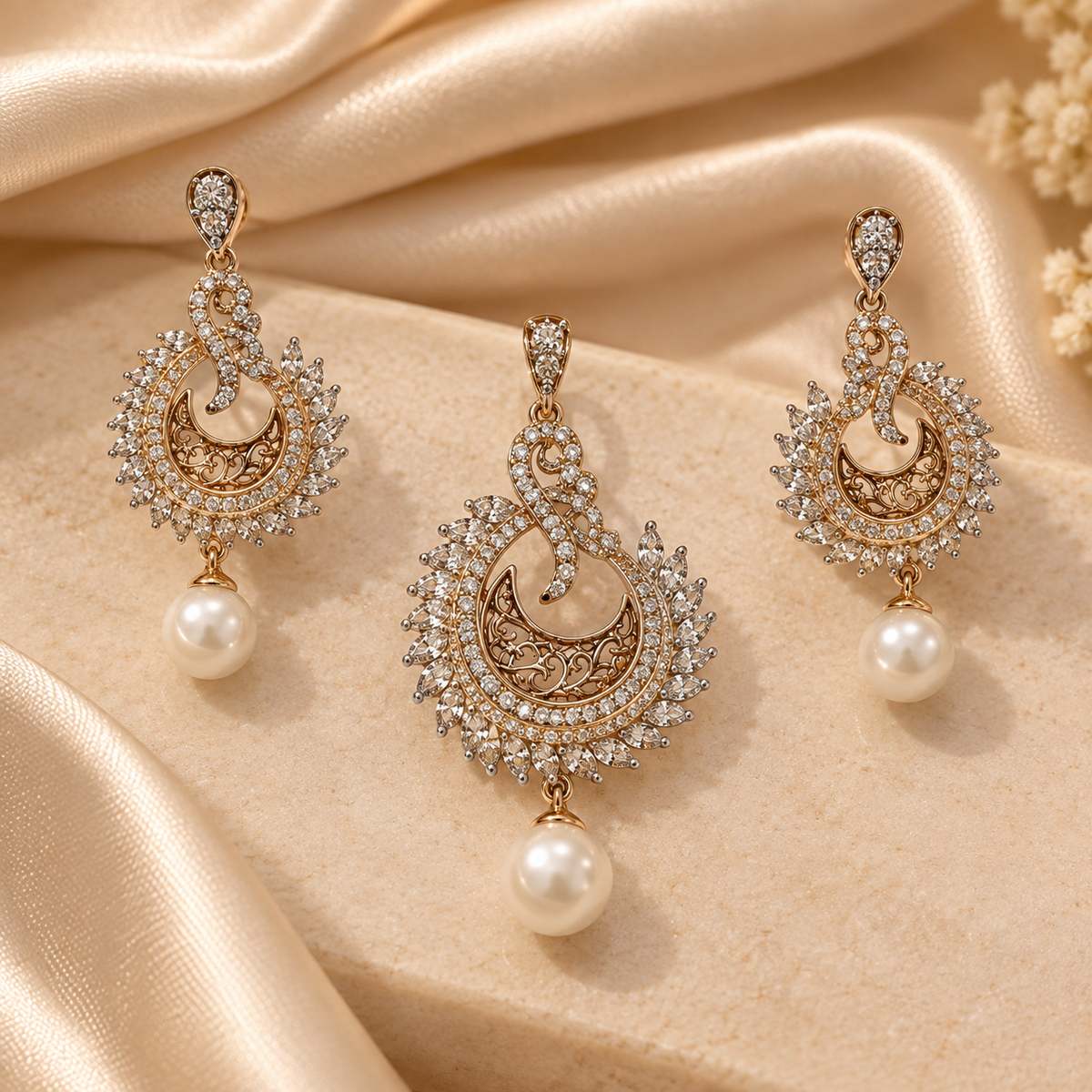 Pearl Crescent Crystal Pendant & Earring Set