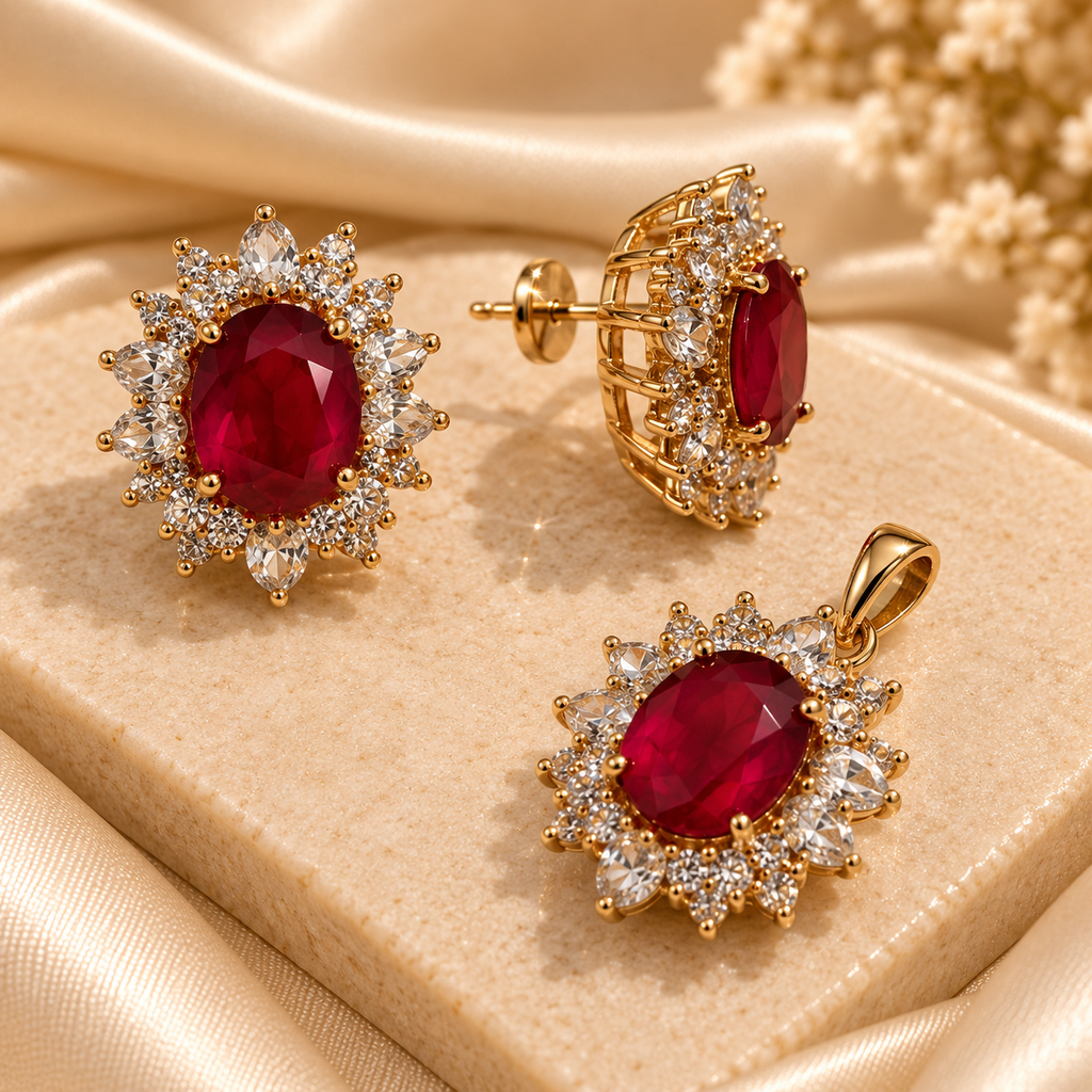 Ruby Bloom Crystal Halo Pendant & Earring Set
