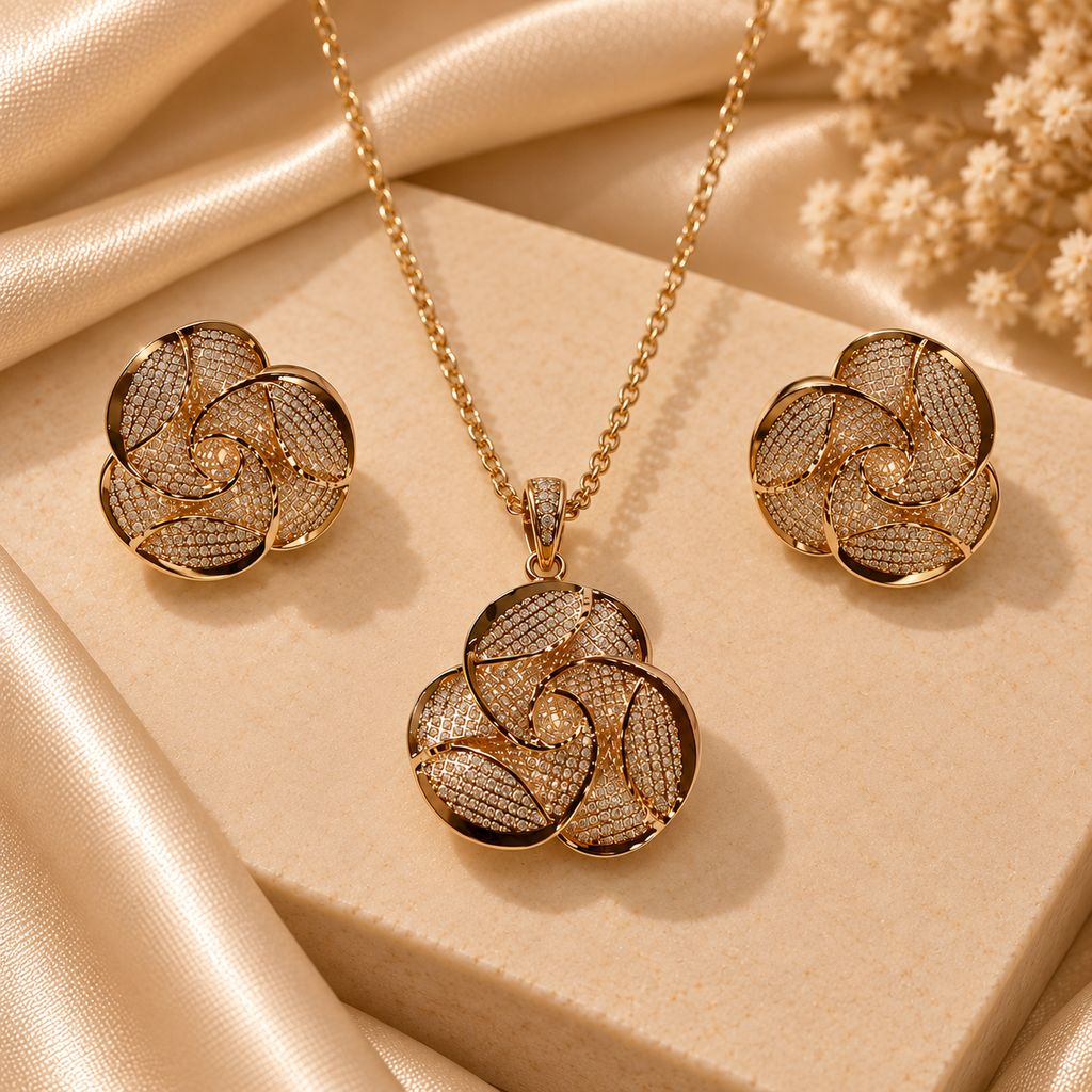 Golden Petal Swirl Pendant & Earring Set