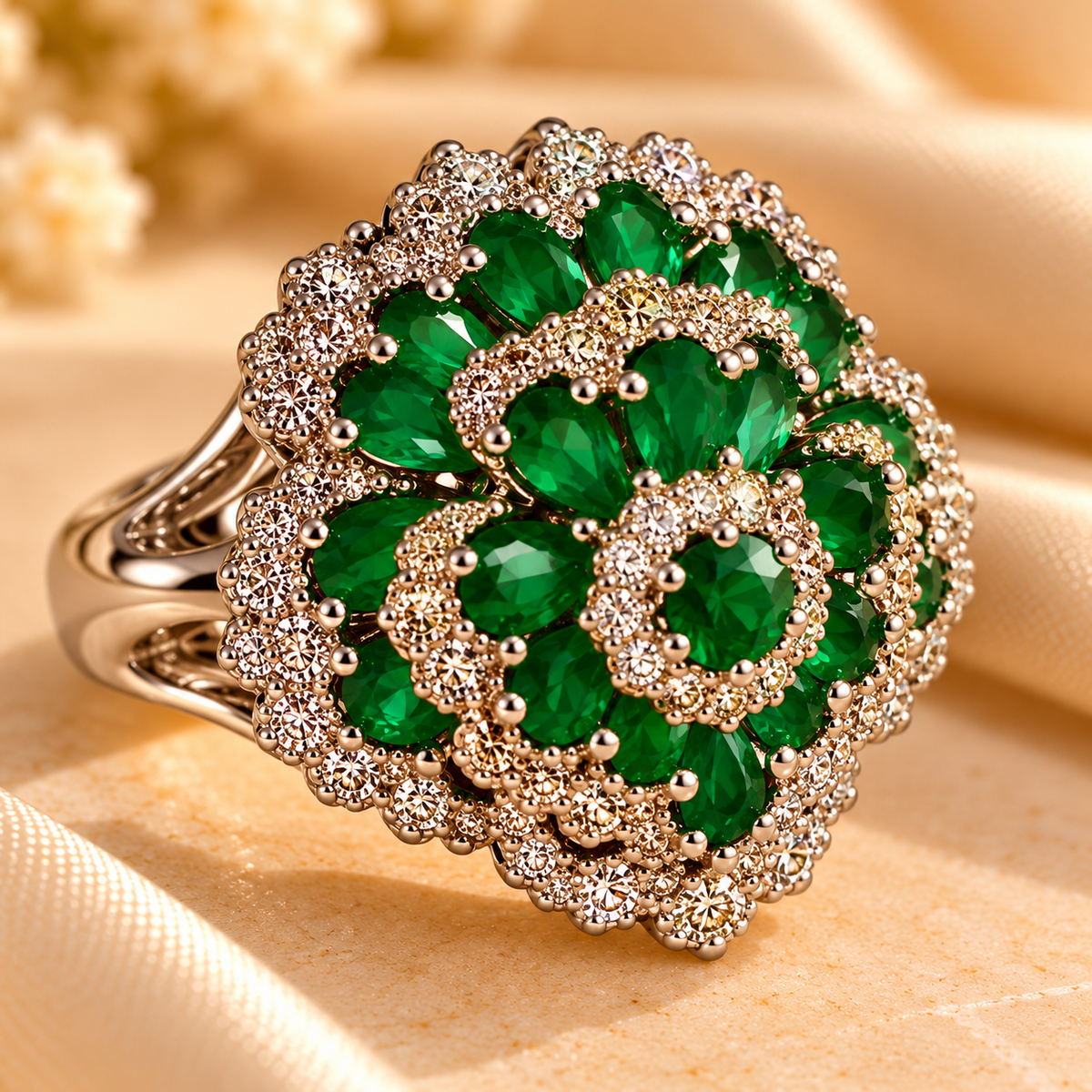 Emerald Bloom Crystal Floral Statement Ring