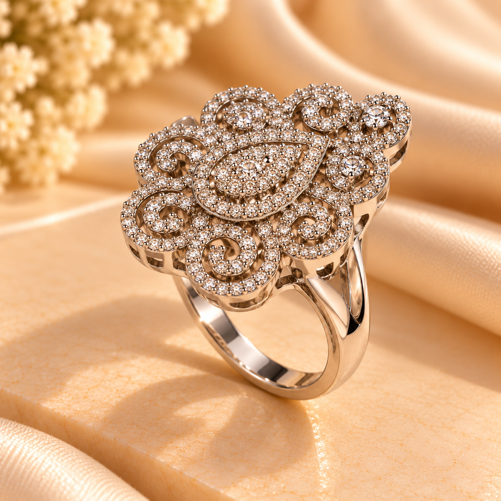Silver Royal Filigree Crystal Statement Ring