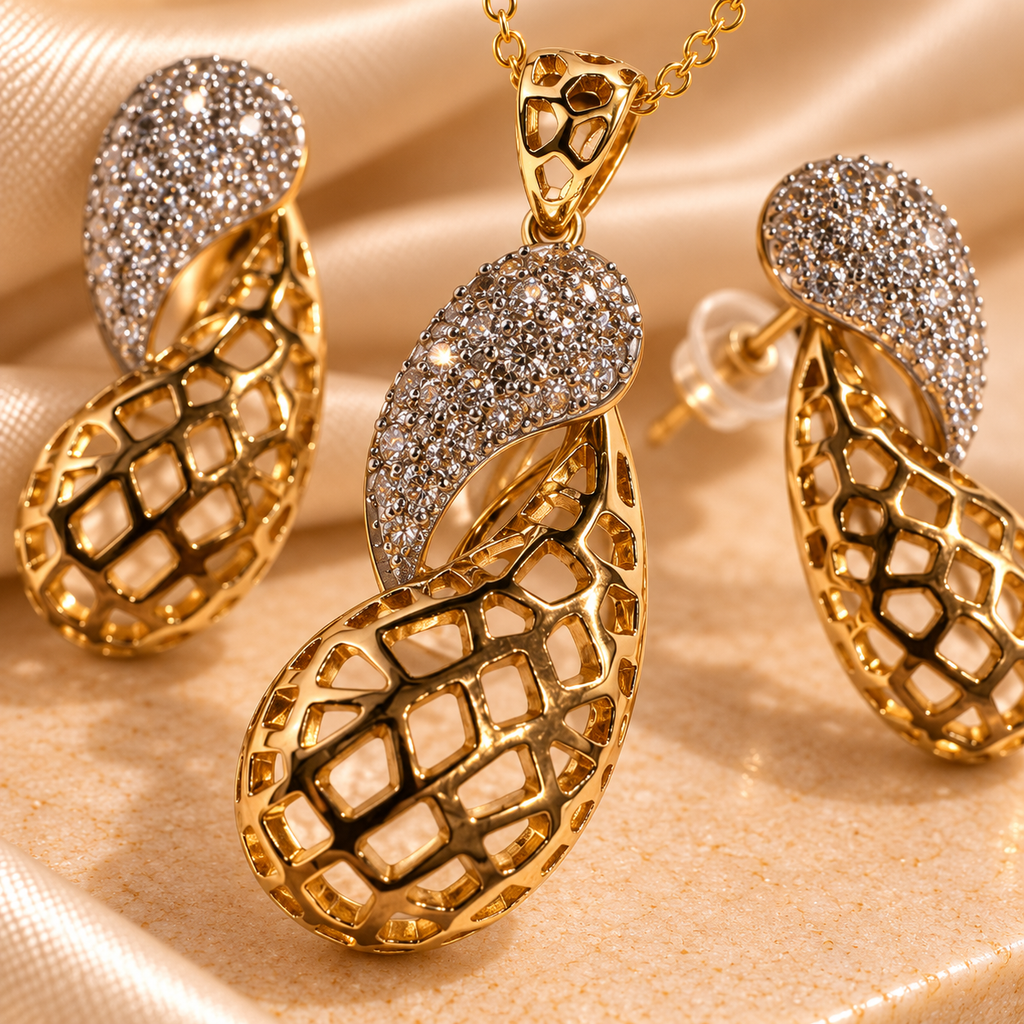 Golden Lattice Teardrop Pendant & Earring Set