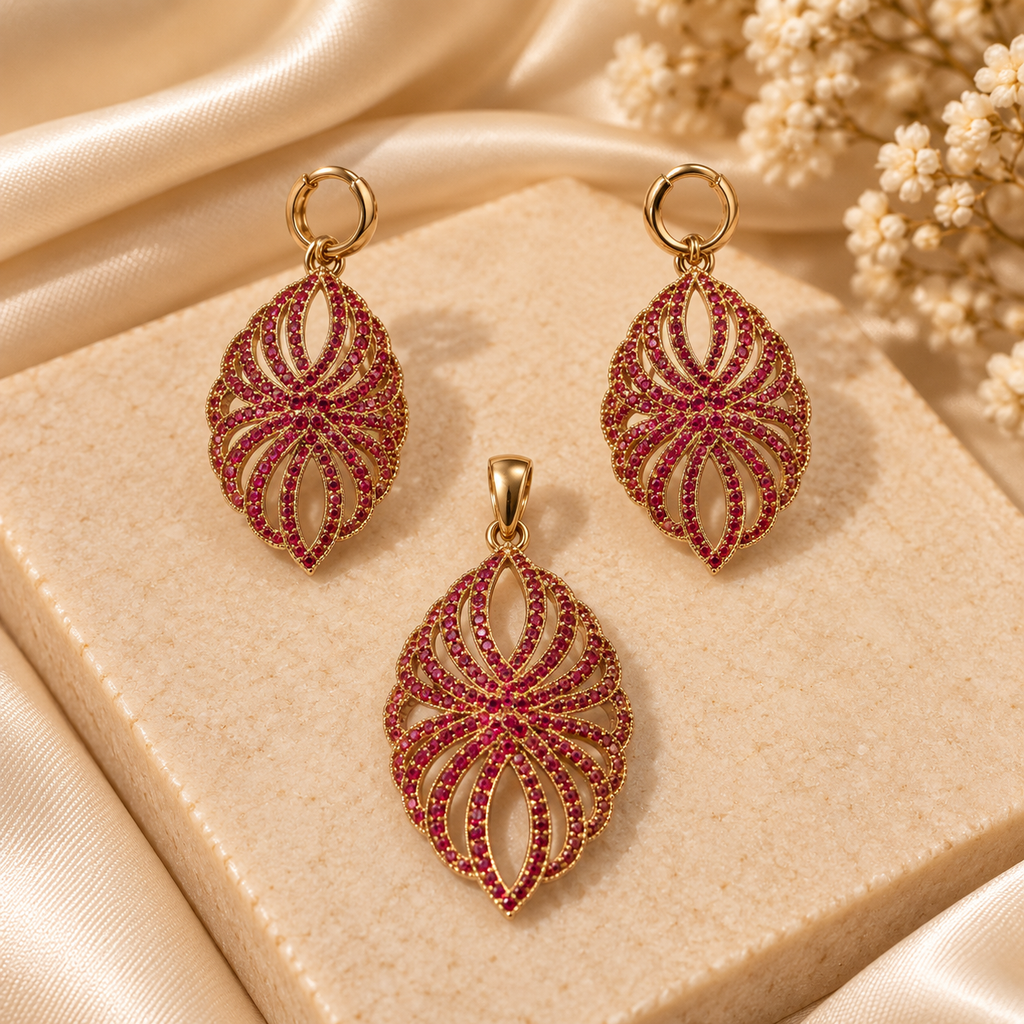 Ruby Filigree Teardrop Pendant & Earring Set