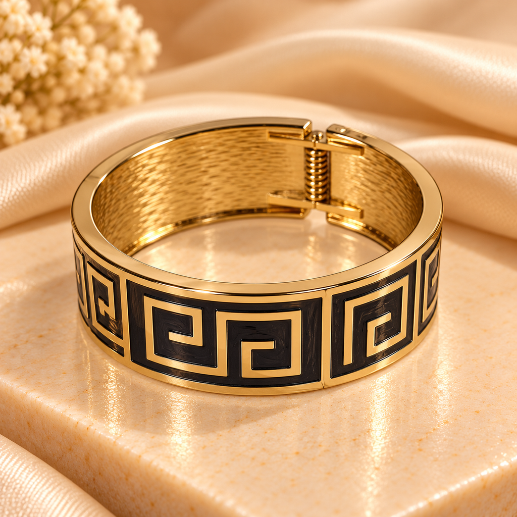 Noir Luxe Greek Key Gold Cuff Bangle