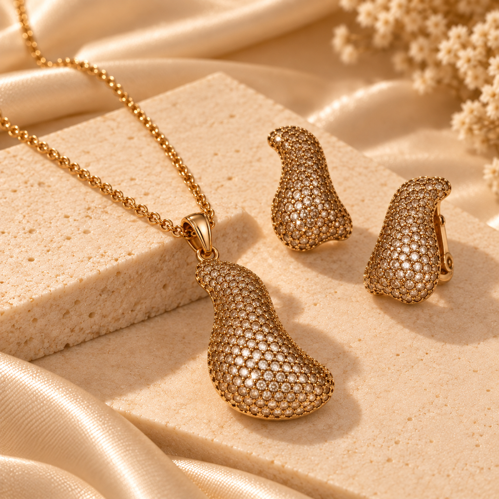 Golden Sculpted Teardrop Pendant & Earring Set