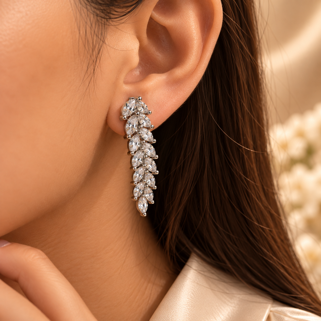 Crystal Leaf Cascade Stud Earrings