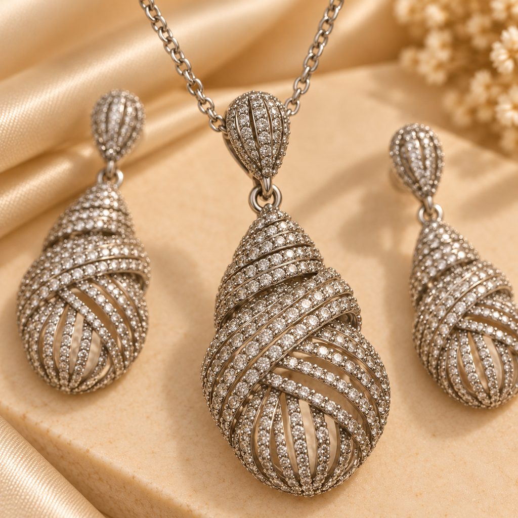 Silver Cascade Teardrop Pendant & Earring Set