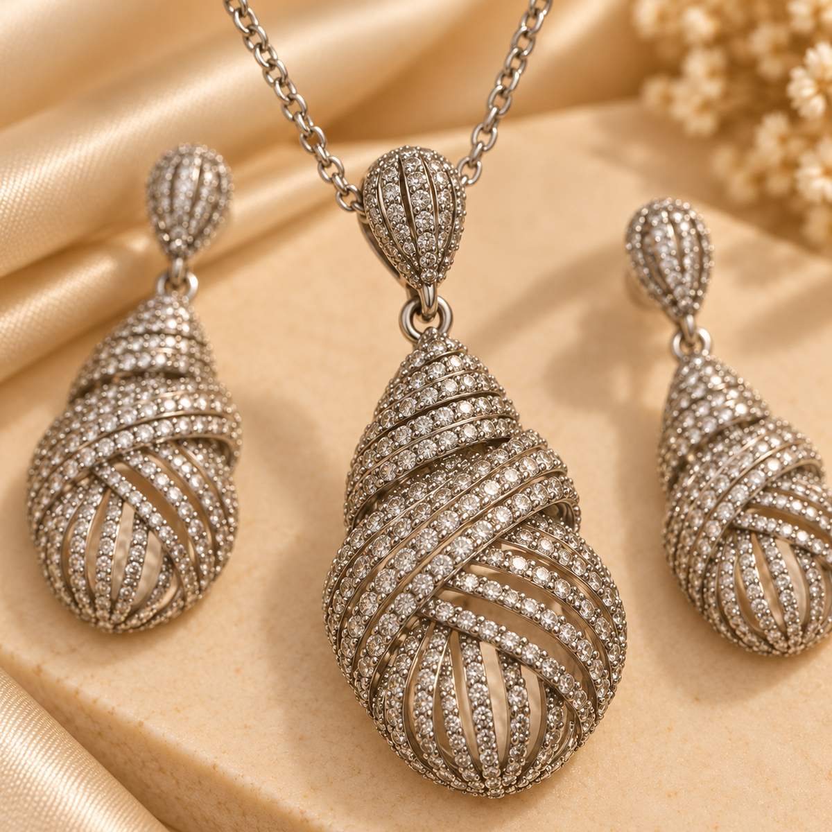 Silver Cascade Teardrop Pendant & Earring Set