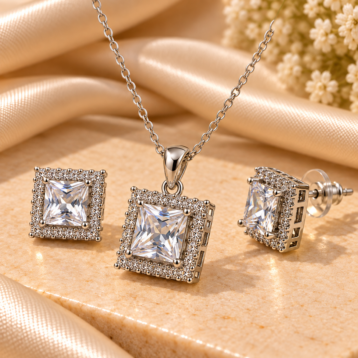 Crystal Square Halo Pendant & Earring Set