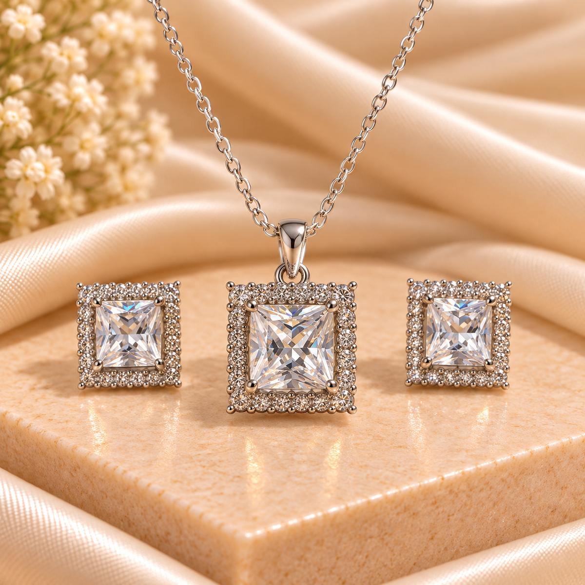 Crystal Square Halo Pendant & Earring Set
