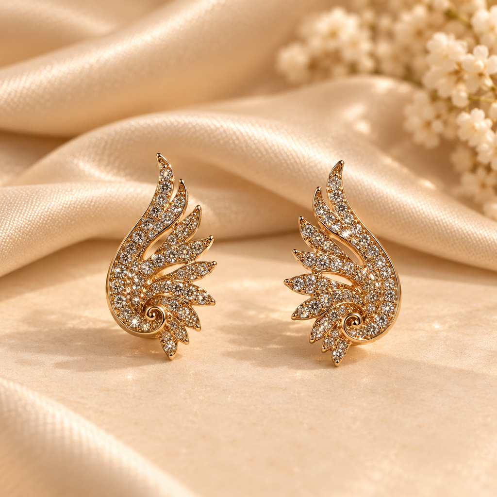 Golden Feather Crystal Stud Earrings