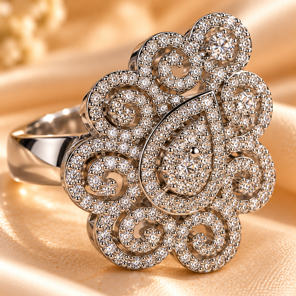 Silver Royal Filigree Crystal Statement Ring