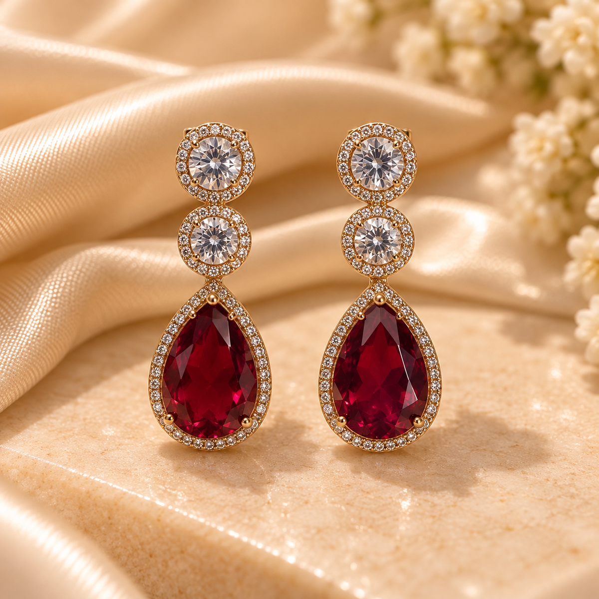 Ruby Radiance Crystal Halo Drop Earrings