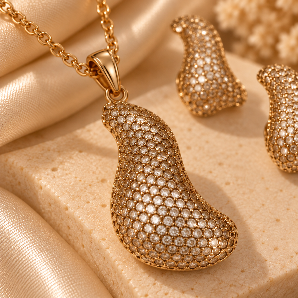 Golden Sculpted Teardrop Pendant & Earring Set